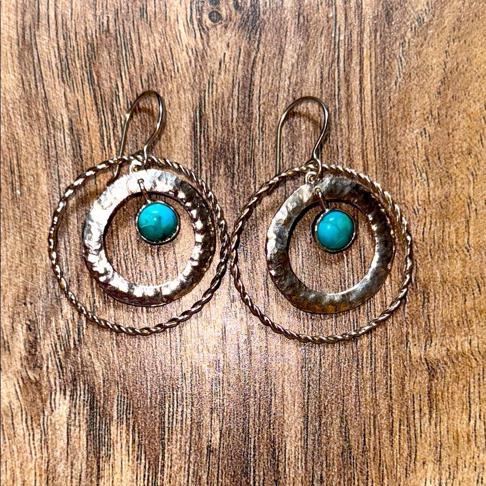 Opulenza Turquoise and Sterling Silver Hammered Circle Dangle Earrings